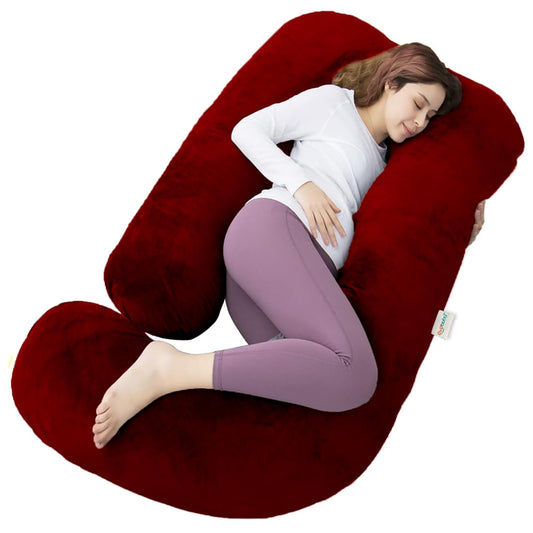 J-Shape Cotton Pregnancy Pillow - Maroon: Ultimate Comfort, Full Support, And Restful Sleep For Moms